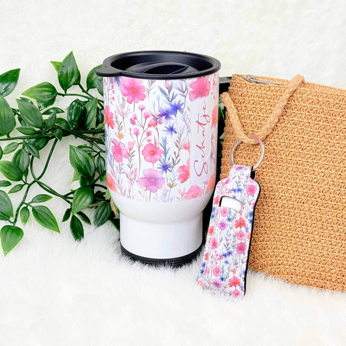 Roze bloemen lippenbalsemhouder sleutelhanger