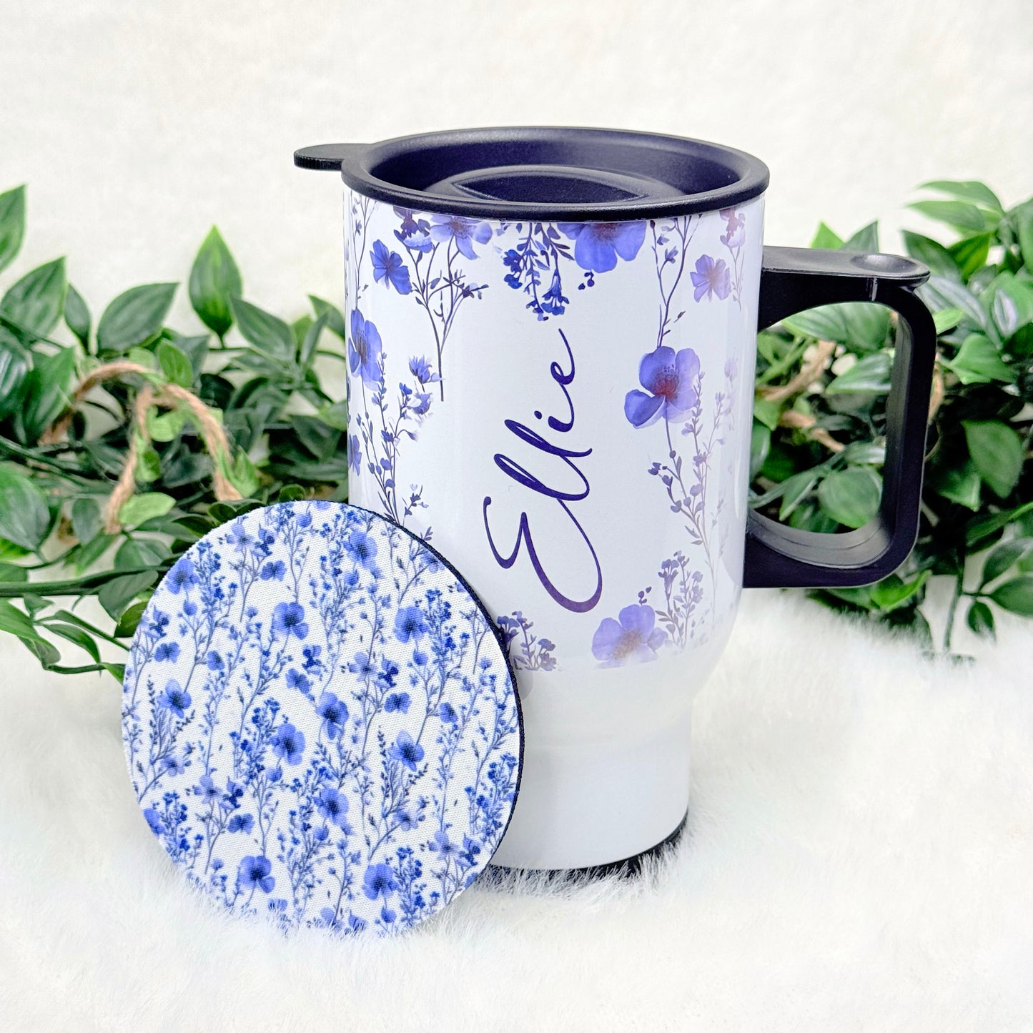 Gepersonaliseerde paars-blauwe bloemen reismok en onderzetter cadeauset