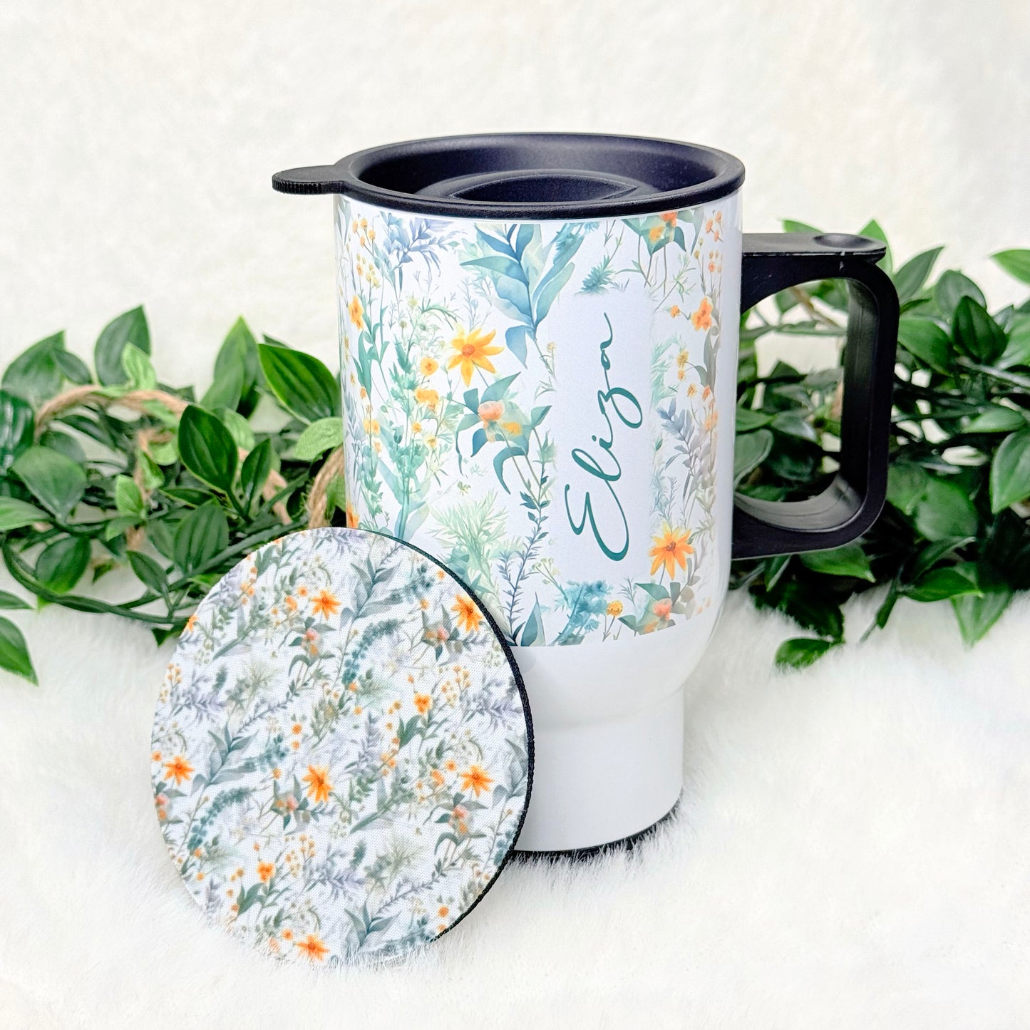 Gepersonaliseerde groene bloemen reismok en onderzetter cadeauset