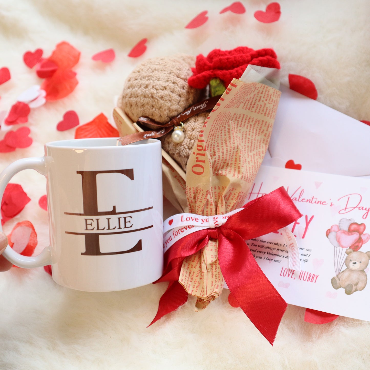 Small Crochet Rose Bouquet with Bear | Personalised Floral Mug, Card & Chocolate