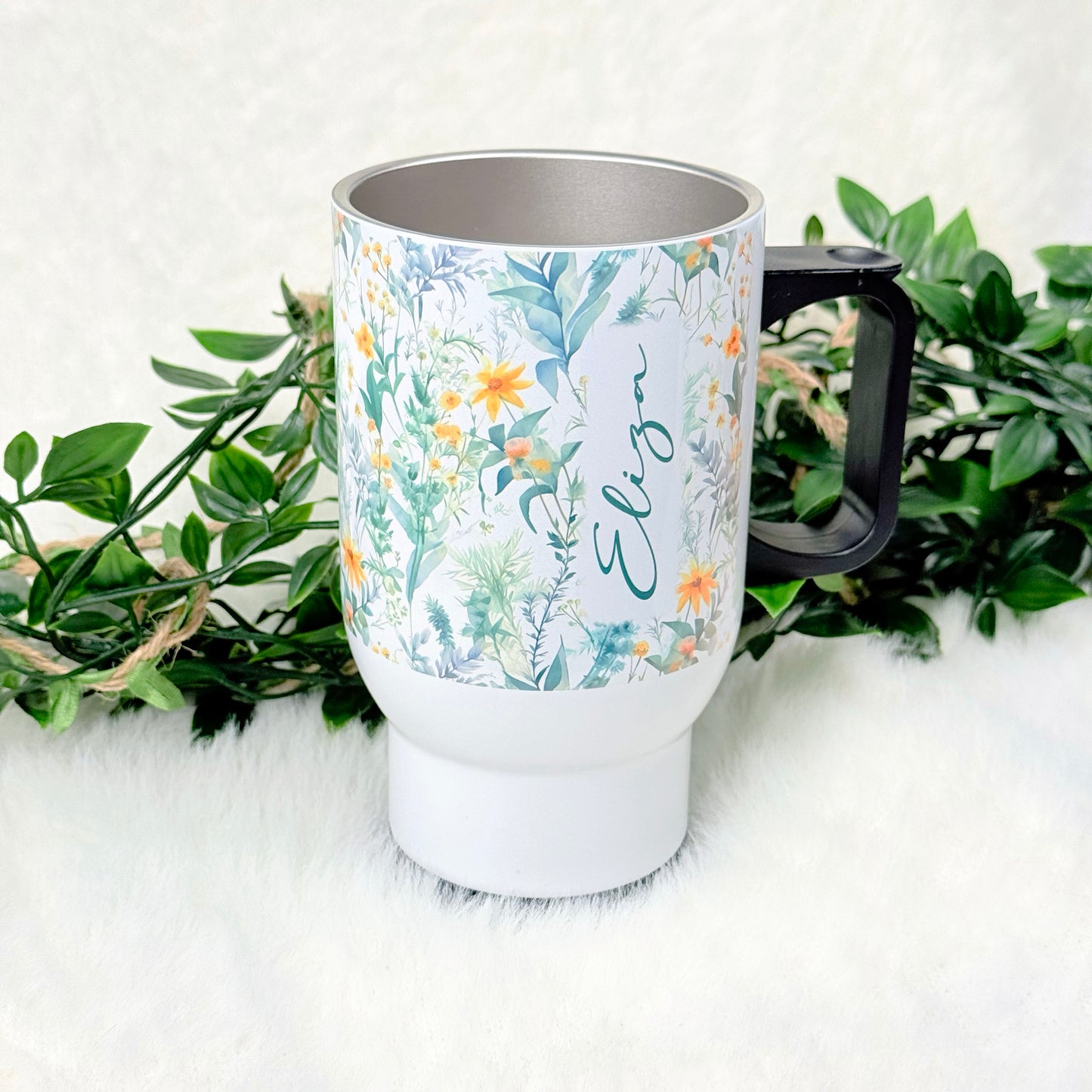 Personalized Green Floral Travel Mug