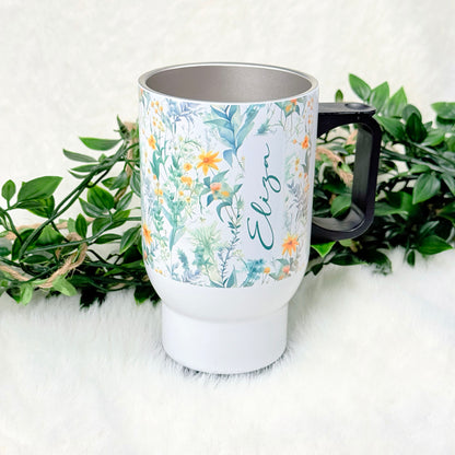 Personalized Green Floral Travel Mug