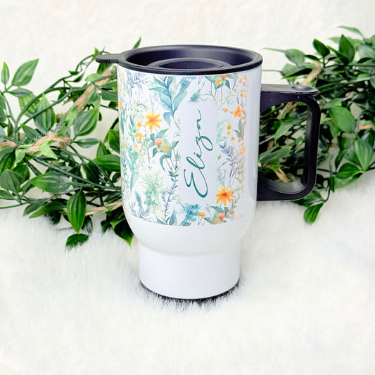 Personalized Green Floral Travel Mug