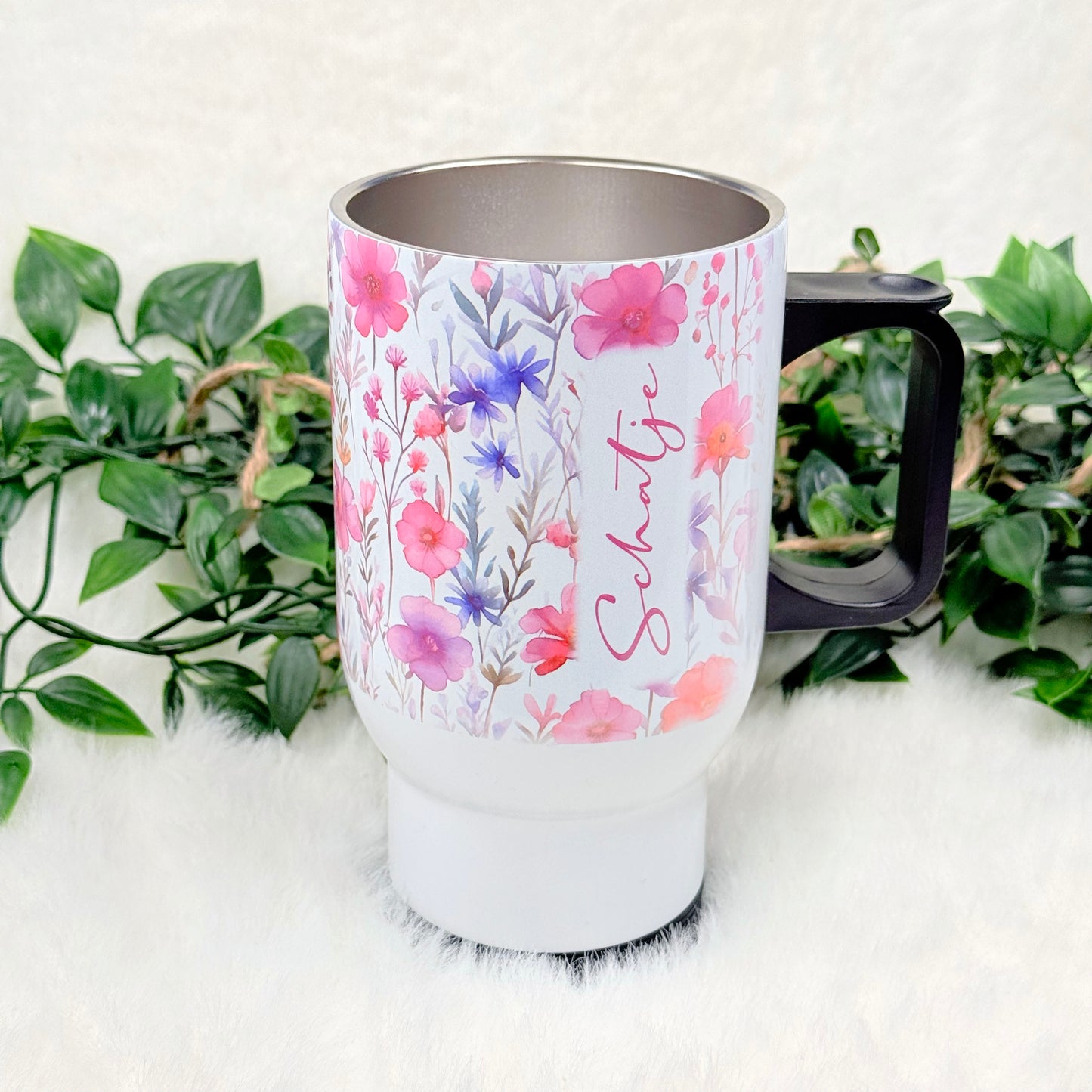 Personalized Pink Floral Travel Mug