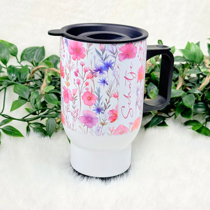 Personalized Pink Floral Travel Mug