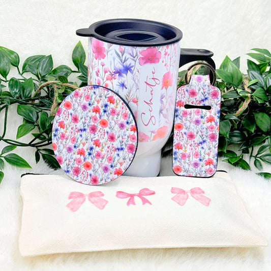 Personalized Matching Pink Floral Gift Set with Small Coquette Pouch