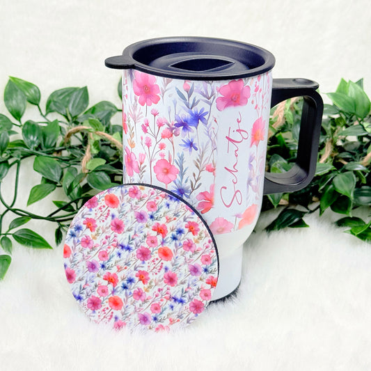 Personalized Pink Floral Travel Mug & Coaster Gift Set