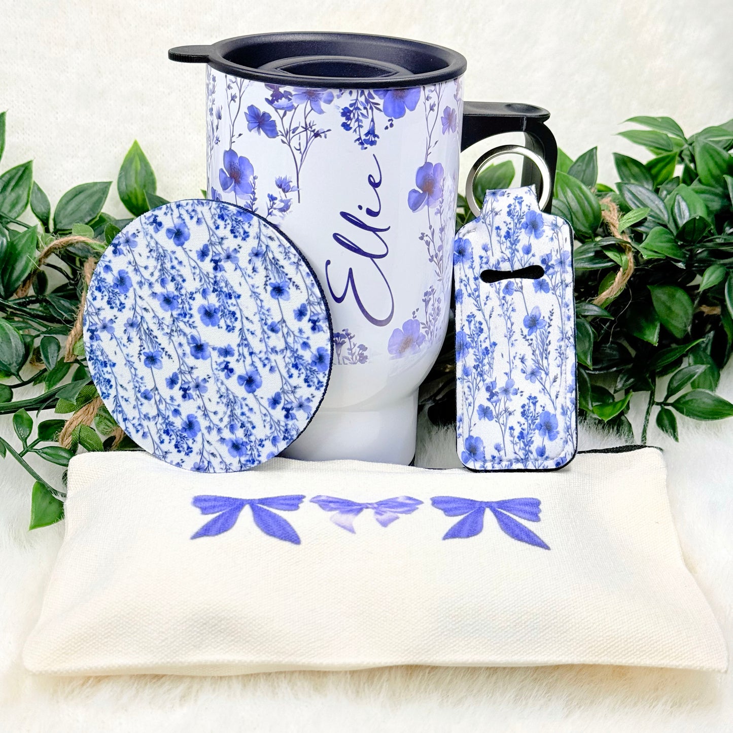 Personalized Matching Purple and Blue Floral Gift Set with Small Coquette Pouch