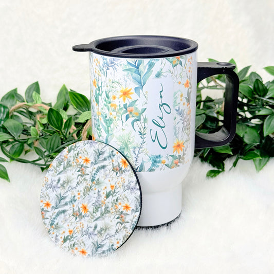 Personalized Green Floral Travel Mug & Coaster Gift Set