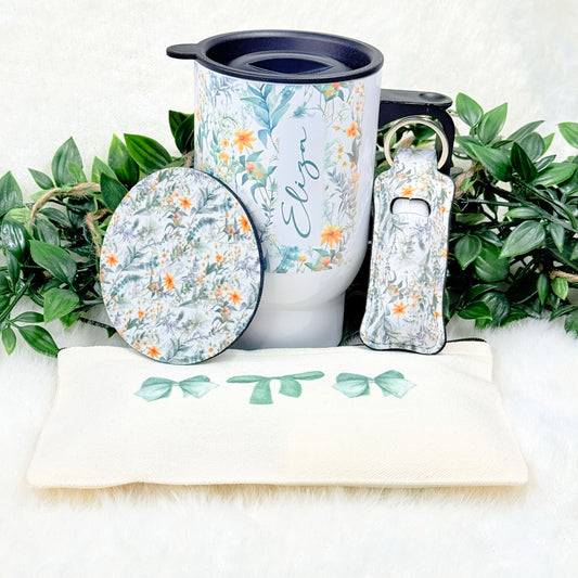 Personalized Matching Green Floral Gift Set with Small Coquette Pouch