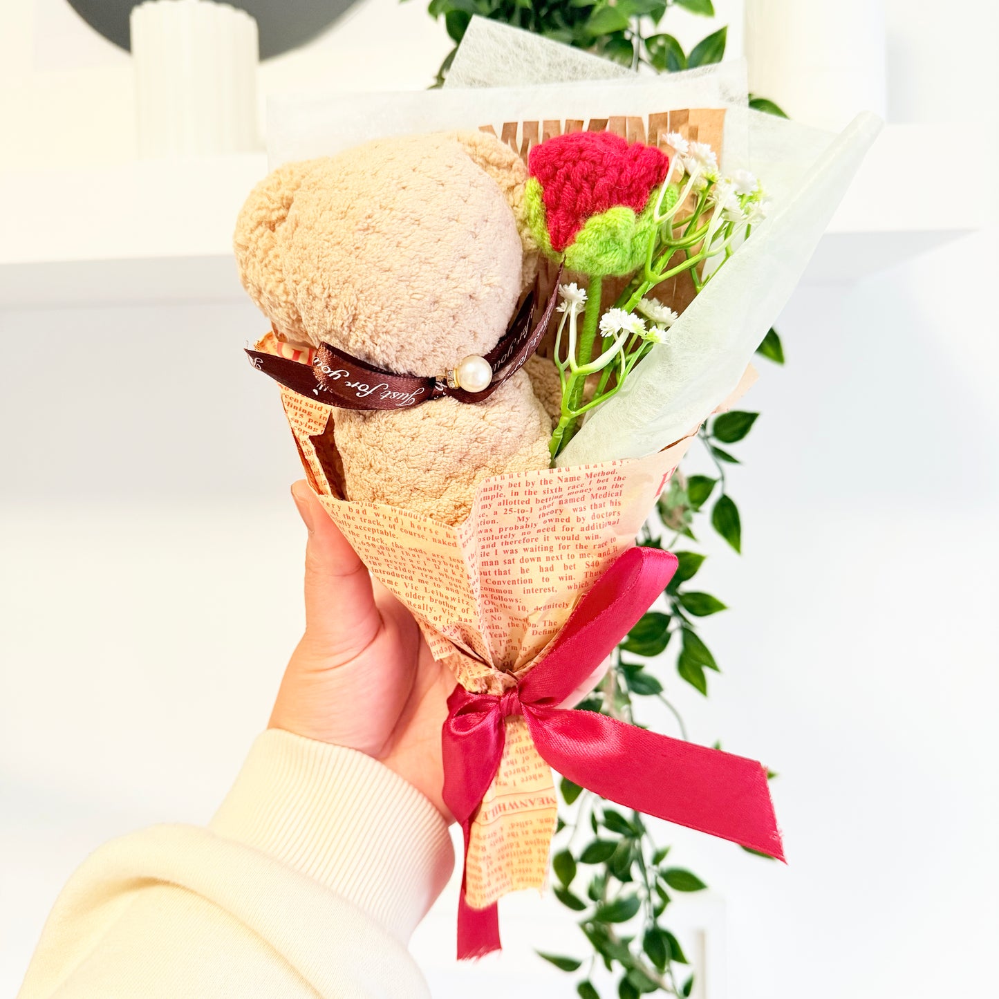 Small Crochet Rose Bouquet with Bear | Personalised Floral Mug, Card & Chocolate