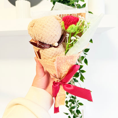 Small Crochet Rose Bouquet with Bear | Personalised Floral Mug, Card & Chocolate