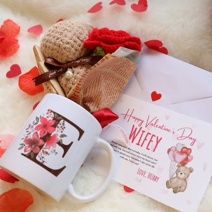 Small Crochet Rose Bouquet with Bear | Personalised Floral Mug, Card & Chocolate