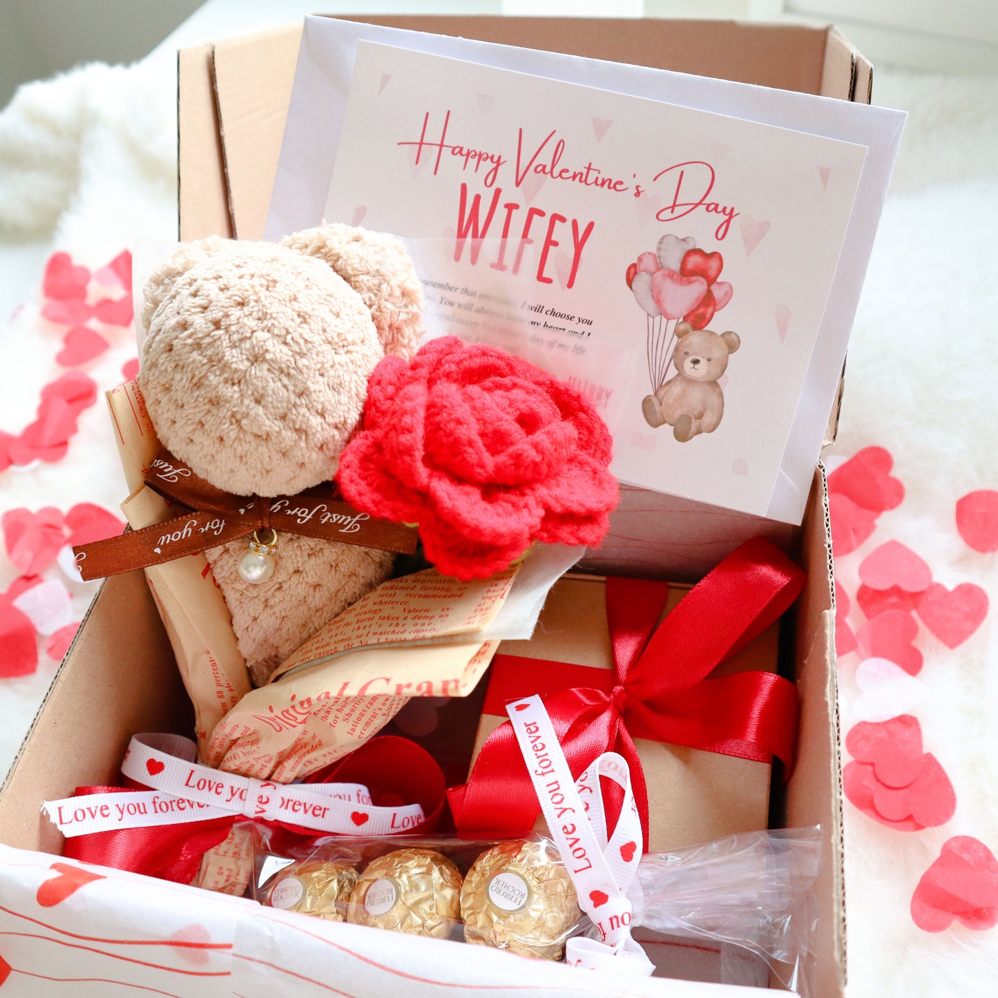 Small Crochet Rose Bouquet with Bear | Personalised Heart Ornament With Gift Box, Card and Chocolate