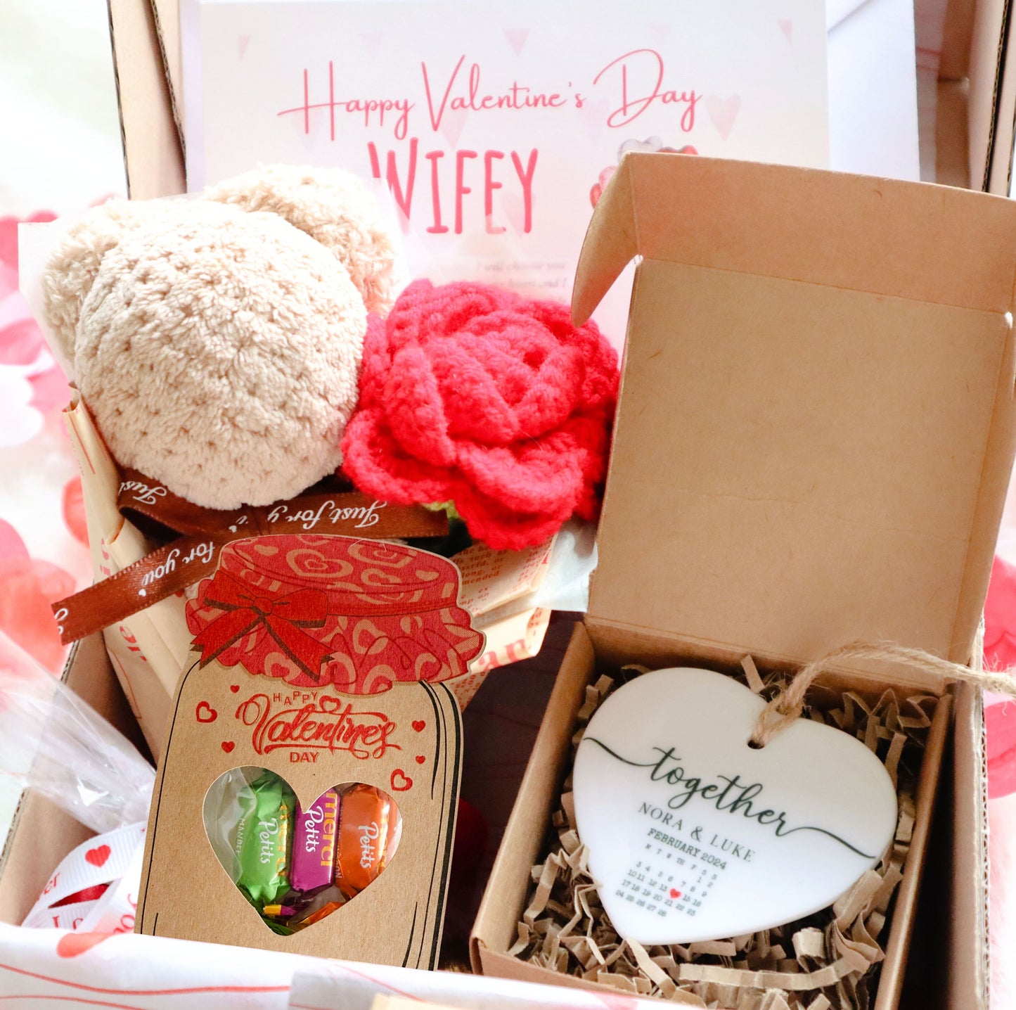 Small Crochet Rose Bouquet with Bear | Personalised Heart Ornament With Gift Box, Card and Chocolate