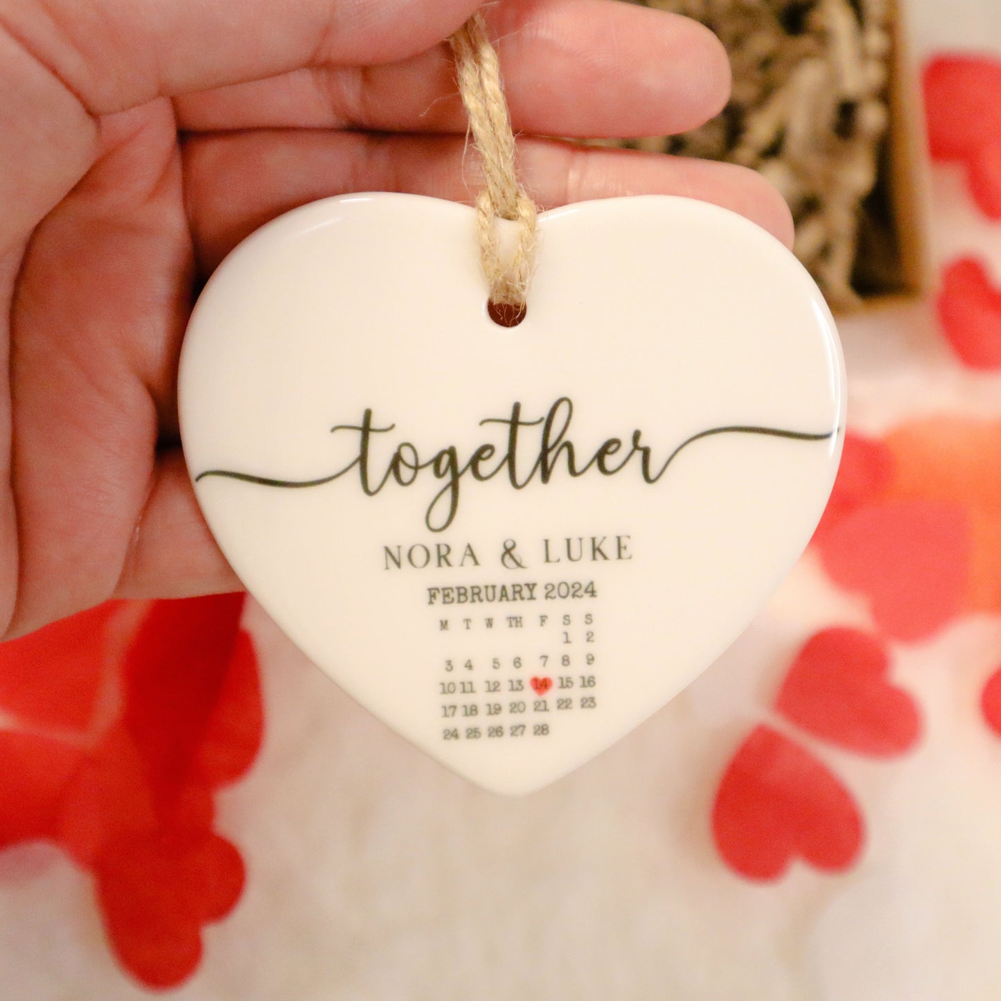 Letterbox Gift | Personalised Heart Ornament with Names & Dates, Chocolate & Custom Card | Brievenbuscadeau