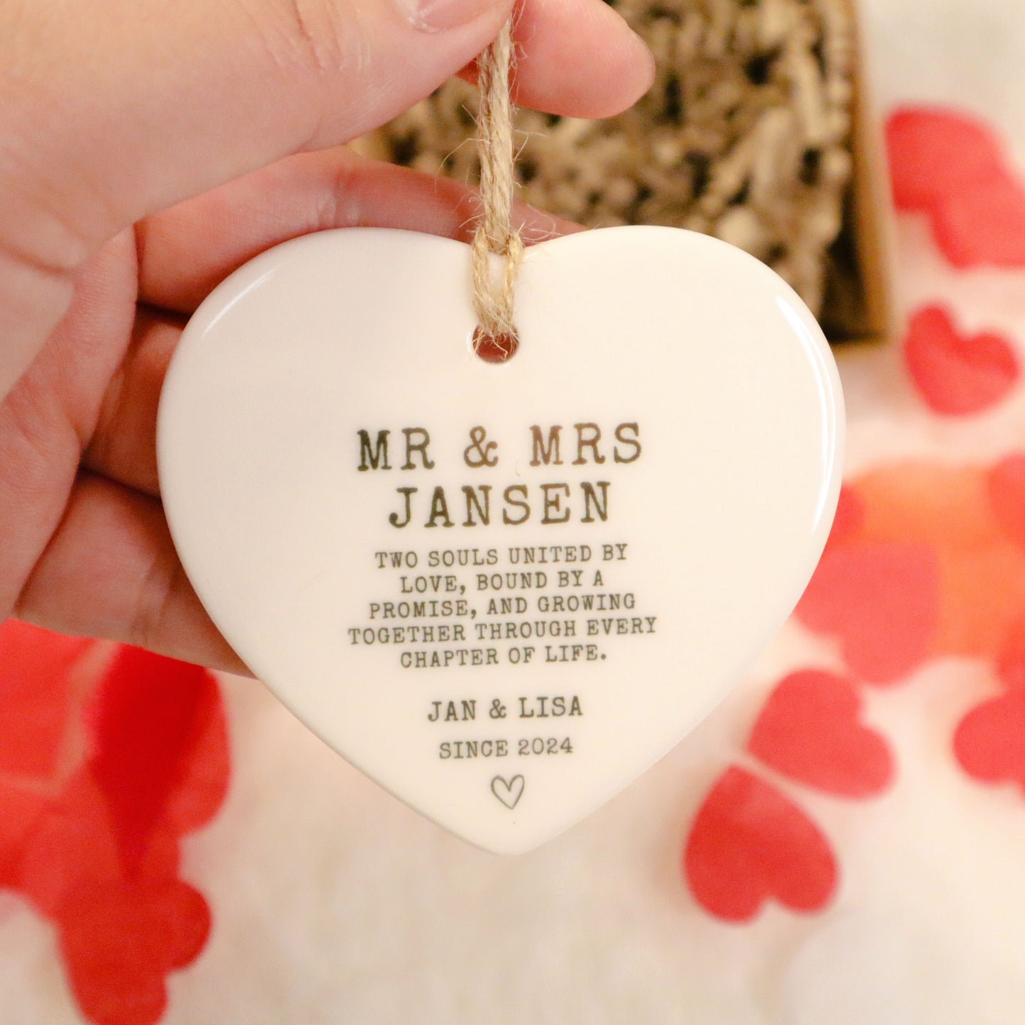 Letterbox Gift | Personalised Heart Ornament with Names & Dates, Chocolate & Custom Card | Brievenbuscadeau