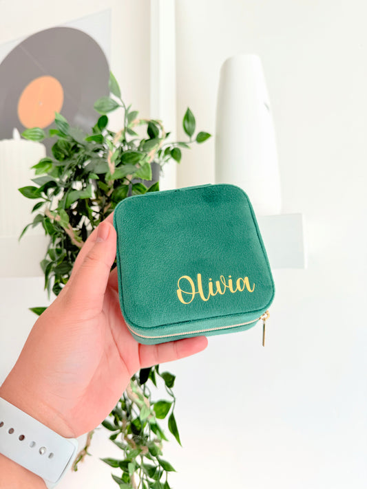 Personalised Travel Jewellery Box - Green Velvet