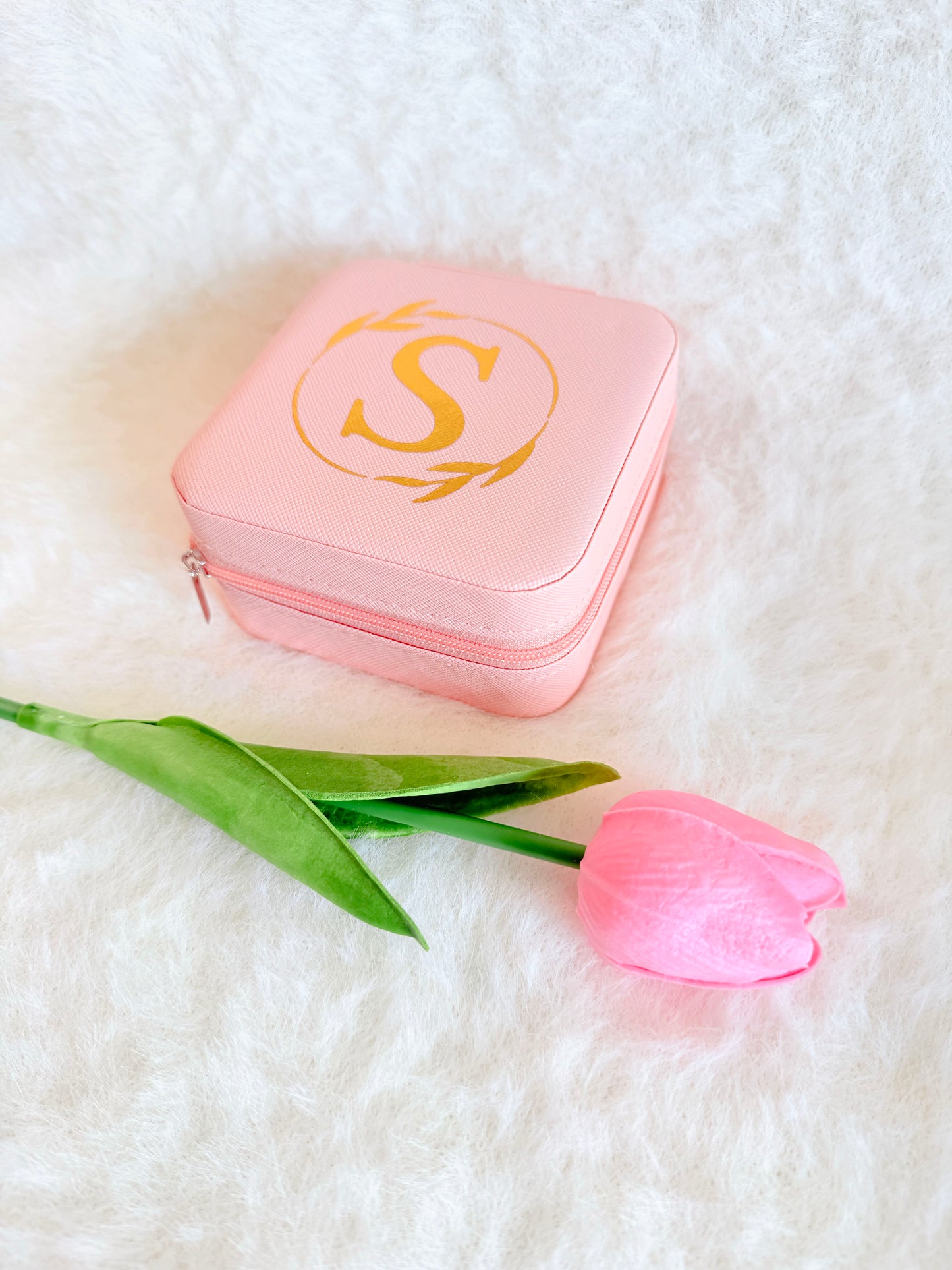 Personalised Travel Jewellery Box with Mirror - Pink Peach