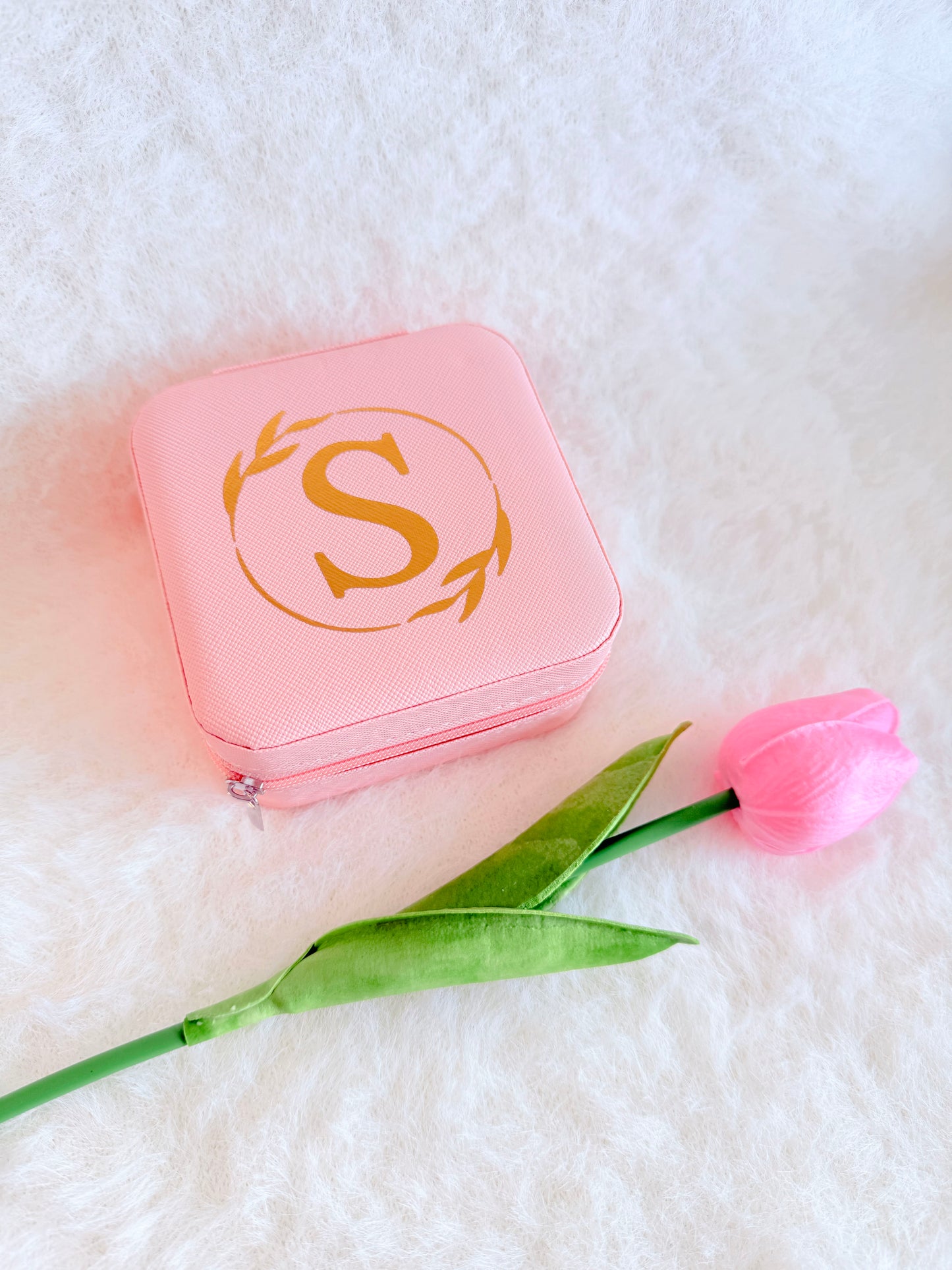 Personalised Travel Jewellery Box with Mirror - Pink Peach