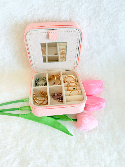 Personalised Travel Jewellery Box with Mirror - Pink Peach