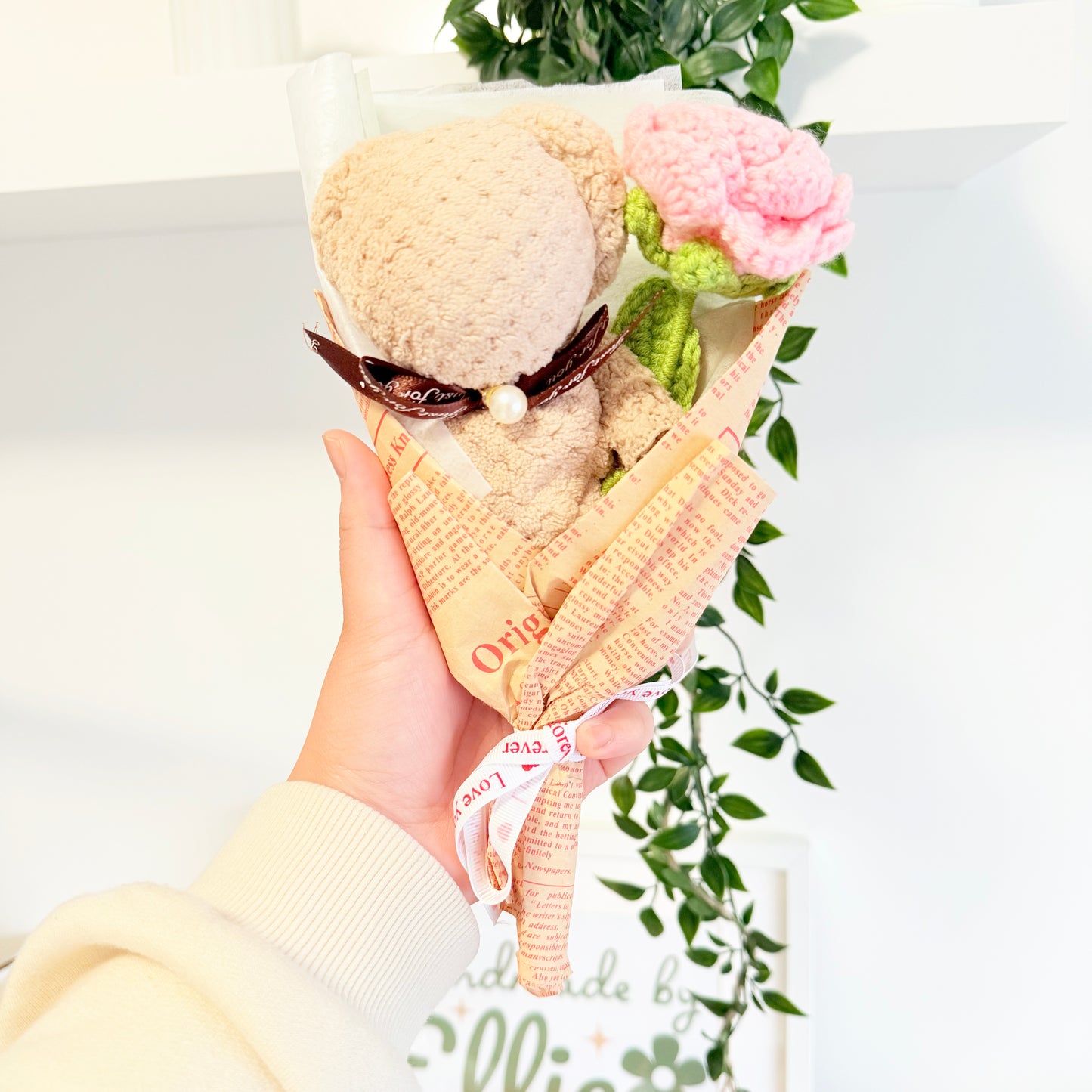 Small Crochet Rose Bouquet with Bear | Personalised Floral Mug, Card & Chocolate